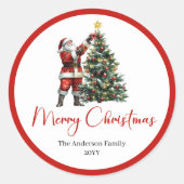 Elegant Santa Claus Red White Script Font Holiday ラウンドシール (正面)