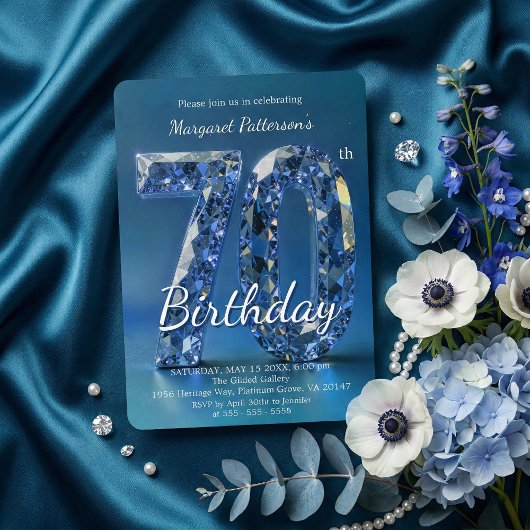 Elegant Sapphire Blue Diamond 70th Birthday 招待状
