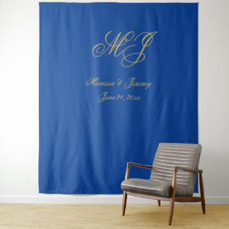Elegant Sapphire Blue Gold Script Monogram Wedding タペストリー