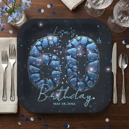 Elegant Sapphire Blue Stone Mosaic 60th Birthday ペーパープレート
