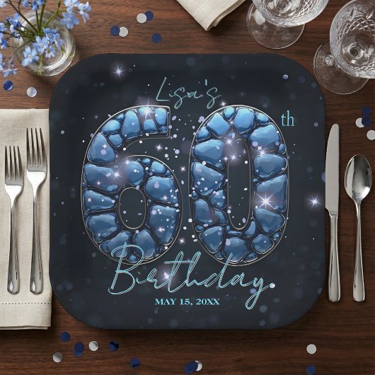 Elegant Sapphire Blue Stone Mosaic 60th Birthday ペーパープレート