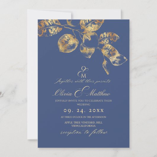 Elegant Sapphire Pantone Gold Wedding 招待状 (正面)