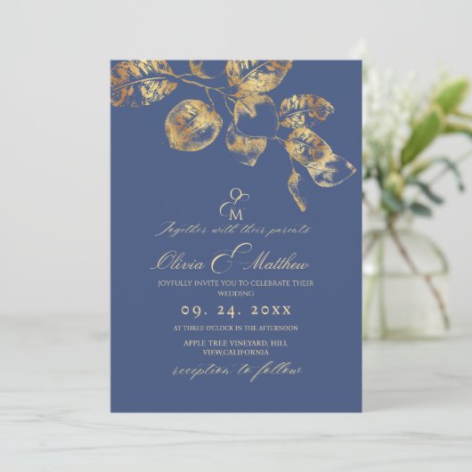 Elegant Sapphire Pantone Gold Wedding 招待状 (スタンド正面)
