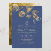 Elegant Sapphire Pantone Gold Wedding 招待状 (正面/裏面)
