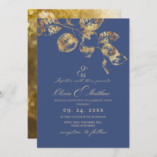 Elegant Sapphire Pantone Gold Wedding 招待状 (正面/裏面)