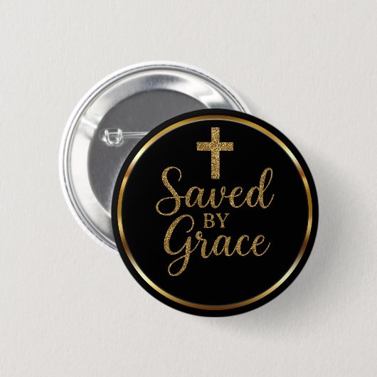 Elegant Saved By Grace Black & Gold Christian 缶バッジ (正面&裏面)
