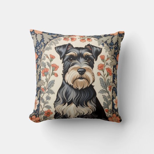 Elegant Schnauzer William Morris Inspired Floral クッション (正面)