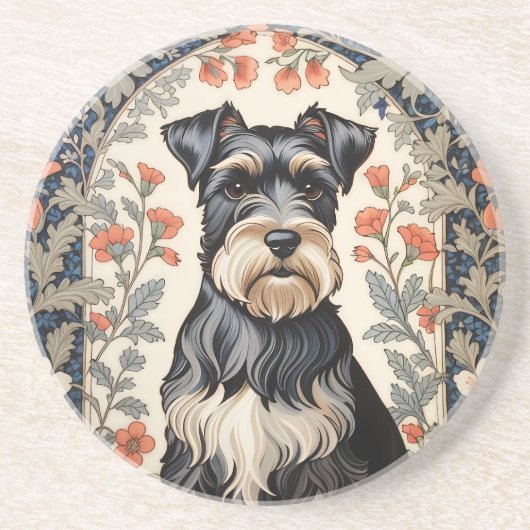 Elegant Schnauzer William Morris Inspired Floral コースター (正面)