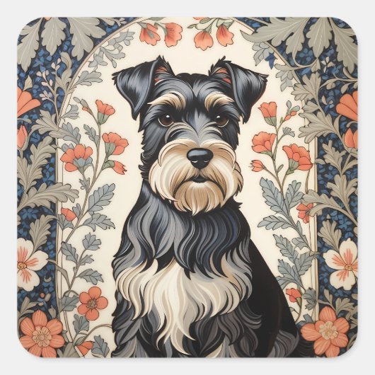 Elegant Schnauzer William Morris Inspired Floral スクエアシール (正面)