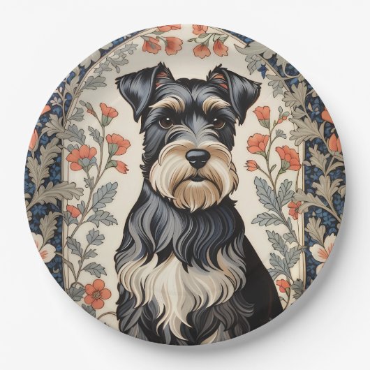 Elegant Schnauzer William Morris Inspired Floral ペーパープレート (正面)