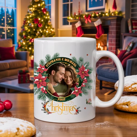 Elegant Script 2 photo Watercolor Christmas Wreath コーヒーマグカップ