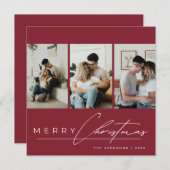 Elegant Script 3 Photo Collage Red Merry Christmas シーズンカード (正面/裏面)