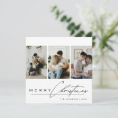 Elegant Script 3 Photo Collage Red Merry Christmas シーズンカード (スタンド正面)