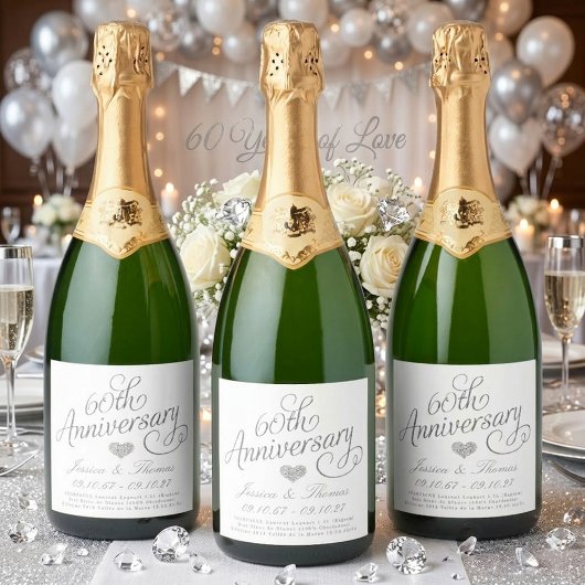 Elegant Script 60th Diamond Wedding Anniversary スパークリングワインラベル