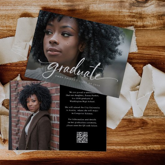 Elegant Script and Black Photo QR Code Grad Party 招待状