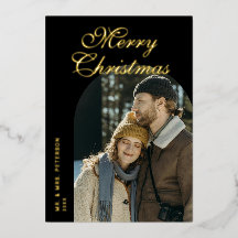Elegant Script Arch Newlyweds Photo Black Gold