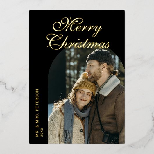 Elegant Script Arch Newlyweds Photo Black Gold 箔シーズンカード (正面)