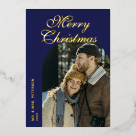Elegant Script Arch Newlyweds Photo Blue Gold 箔シーズンカード