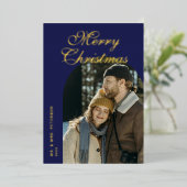 Elegant Script Arch Newlyweds Photo Blue Gold 箔シーズンカード (立ち正面)