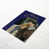 Elegant Script Arch Newlyweds Photo Blue Gold 箔シーズンカード (回転した状態)