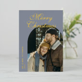 Elegant Script Arch Newlyweds Photo Gray Gold 箔シーズンカード (立ち正面)