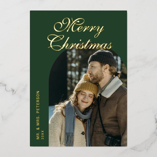 Elegant Script Arch Newlyweds Photo Green Gold 箔シーズンカード (正面)