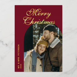Elegant Script Arch Newlyweds Photo Red Gold 箔シーズンカード