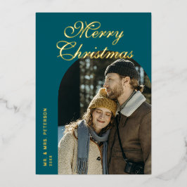 Elegant Script Arch Newlyweds Photo Teal Gold 箔シーズンカード