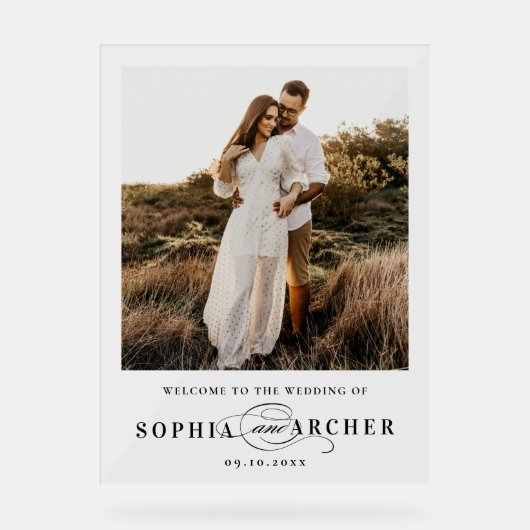 Elegant Script Black and White Wedding Welcome アクリルサイン (正面)