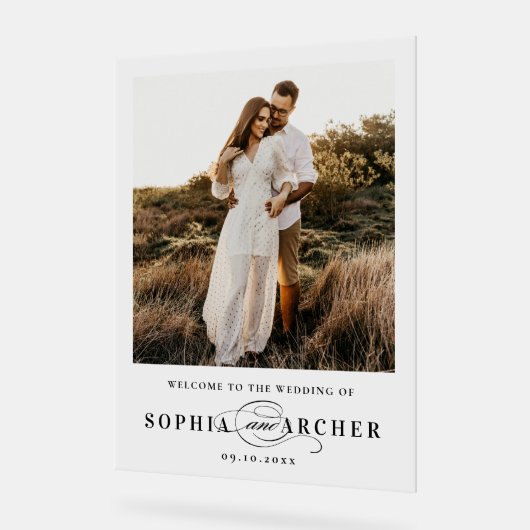 Elegant Script Black and White Wedding Welcome アクリルサイン (傾斜)