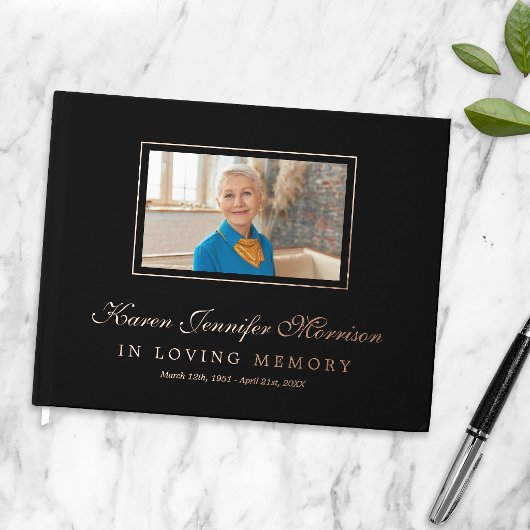 Elegant Script Black Photo In Loving Memory ゲストブック