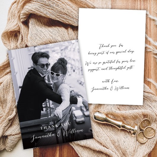 Elegant Script Black White Photo Wedding Thank サンキューカード