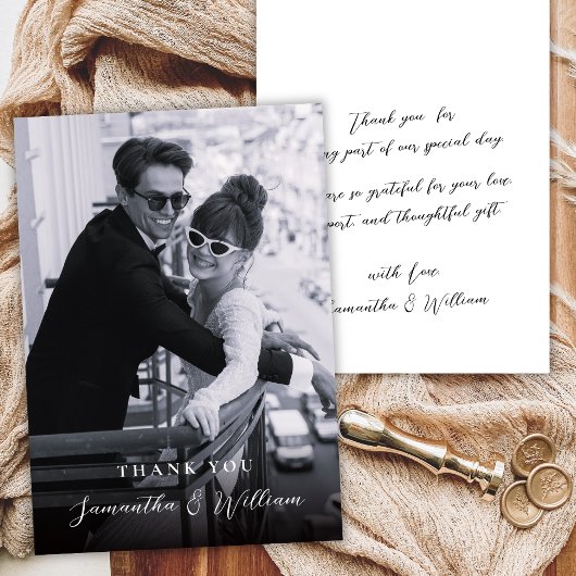 Elegant Script Black White Photo Wedding Thank サンキューカード
