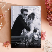 Elegant Script Black White Photo Wedding Thank サンキューカード