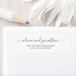 Elegant script black white wedding return address ラベル