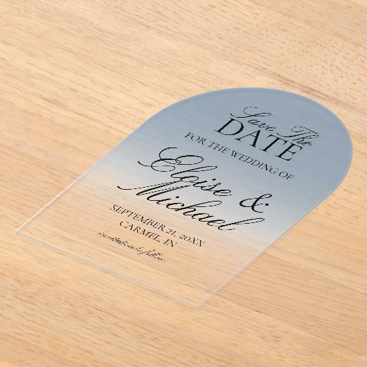 Elegant Script Blue Gradient Wedding Save The Date アクリル招待状 (レイダウン)