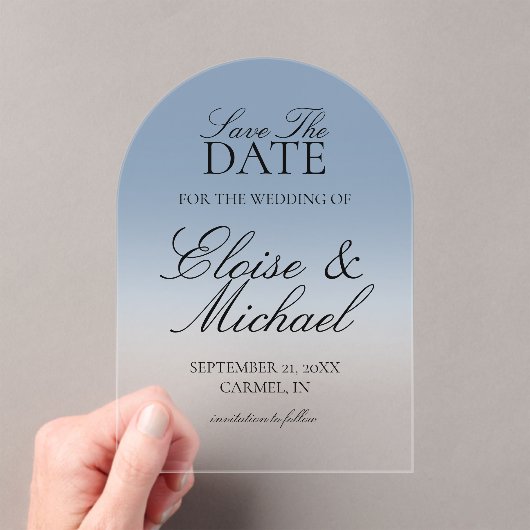 Elegant Script Blue Gradient Wedding Save The Date アクリル招待状 (インサイチュ (ポータブル))