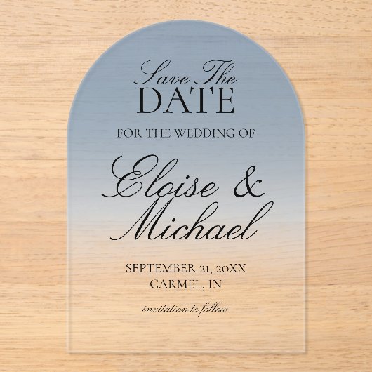 Elegant Script Blue Gradient Wedding Save The Date アクリル招待状 (正面)