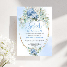 Elegant Script Blue Hydrangea Gold Sweet Sixteen 招待状