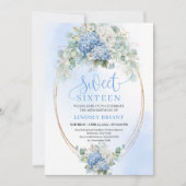 Elegant Script Blue Hydrangea Gold Sweet Sixteen 招待状 (正面)