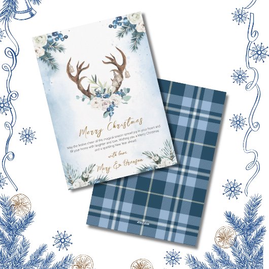 Elegant Script Blue Non Photo Watercolor Reindeer シーズンカード