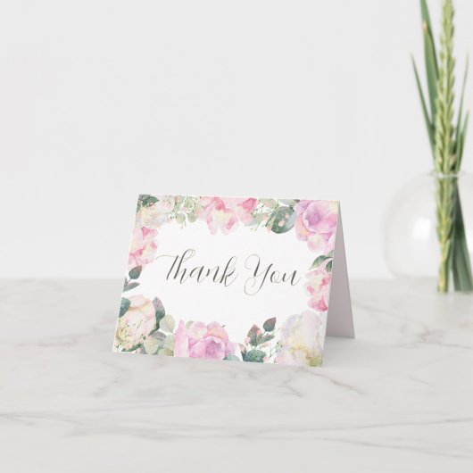 Elegant Script Blush Floral Wedding Thank You サンキューカード (正面)