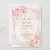 Elegant Script Blush Pink Gold Flowers Sweet 16  招待状 (正面)