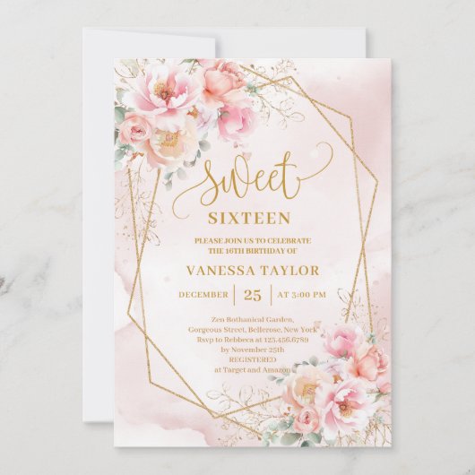 Elegant Script Blush Pink Gold Flowers Sweet 16  招待状 (正面)
