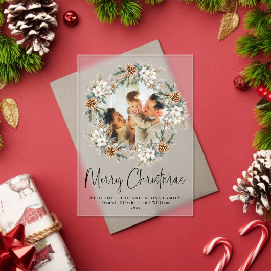 Elegant Script Botanical Photo Christmas Card アクリル招待状 (インサイチュ (クリスマス))