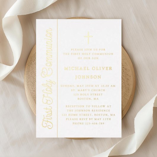Elegant Script Boy First Communion Gold 箔招待状