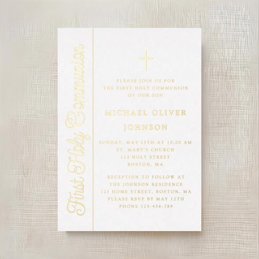 Elegant Script Boy First Communion Gold 箔招待状