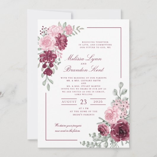 Elegant Script Burgundy Floral Watercolor Wedding 招待状 (正面)