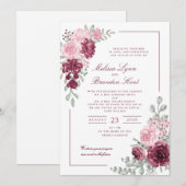 Elegant Script Burgundy Floral Watercolor Wedding 招待状 (正面/裏面)