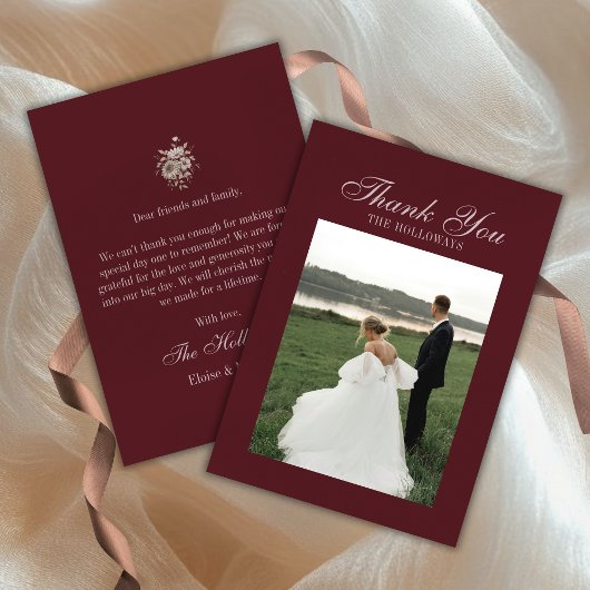Elegant Script Burgundy Red Flat Thank You Card サンキューカード